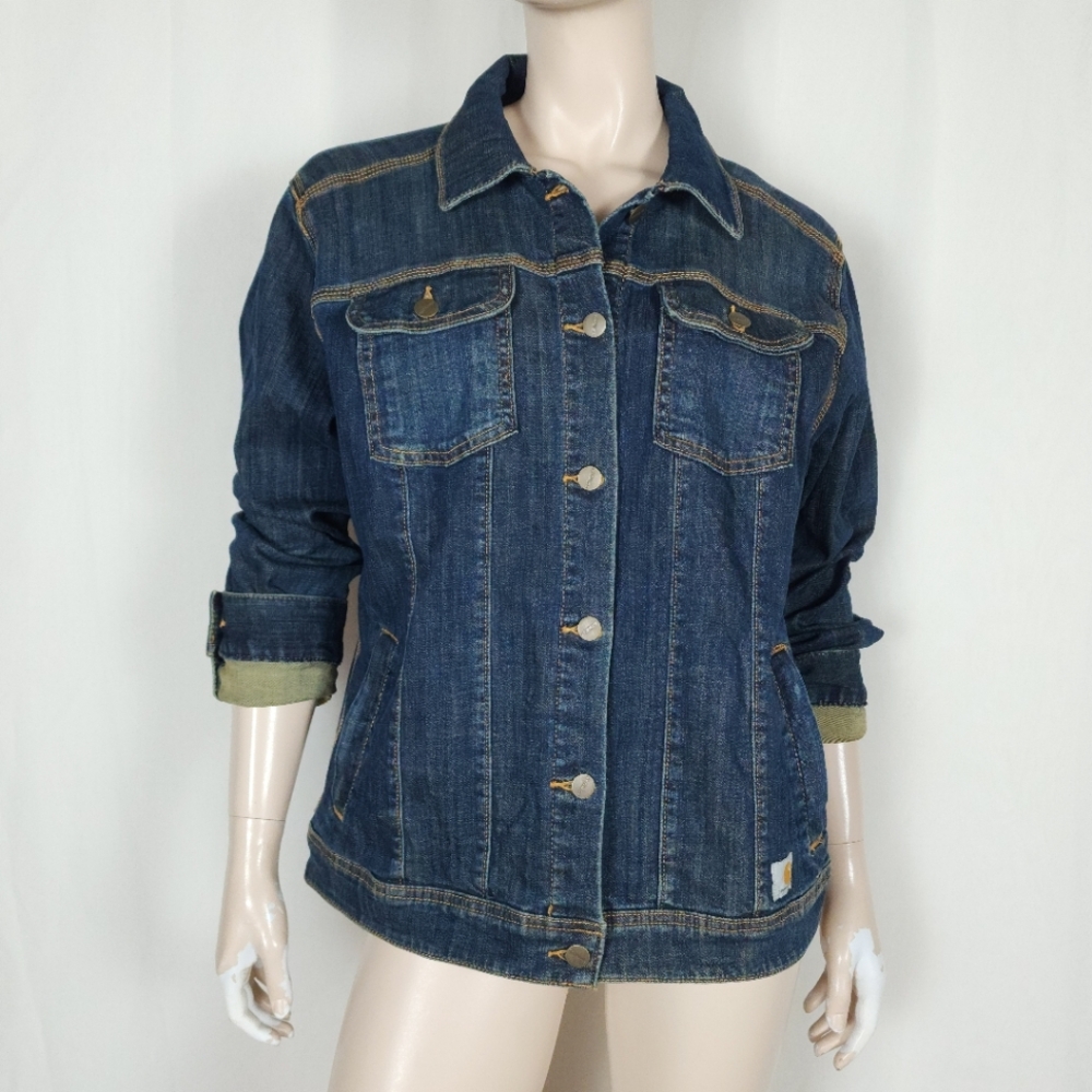 Carhartt Cotton Denim Jean Jacket Women L 12/14 Button Front Dark Wash